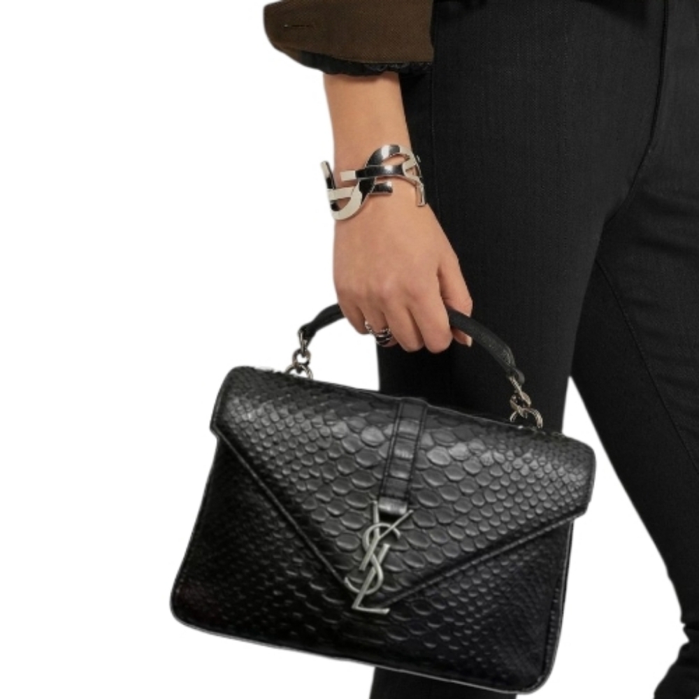 Like NEW! YSL Saint Laurent Calfskin Python Embossed Medium College Bag Black